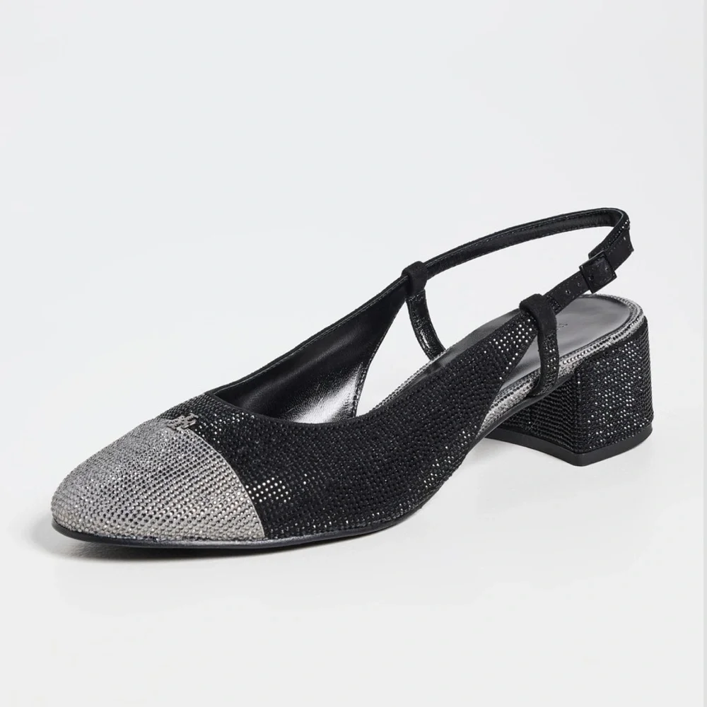 Tory Burch Cap Toe‎ Pave Slingback Heels in Black Silver Size 7
